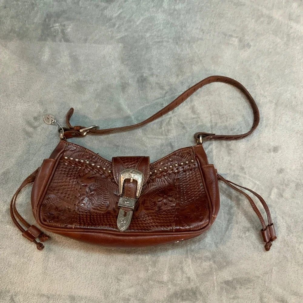 American West Tooled Leather Shoulder Bag Brown Western Buckle Star Studded Bag